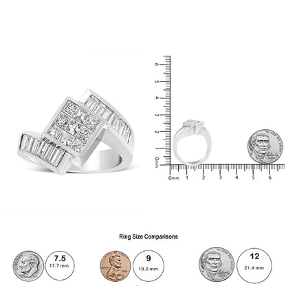 White metal ring with a square cluster of princess-shape white gemstones in the center, flanked by rows of baguette-shape white gemstones in channel settings, shown at an angle next to a ruler and coin for size reference.