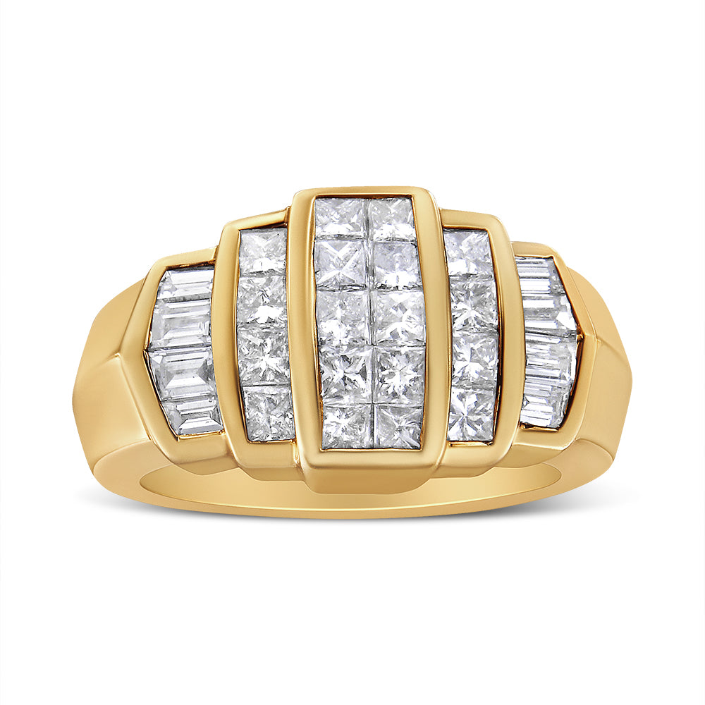 Front-facing view of a yellow metal ring featuring a center row of white square gemstones set invisibly, flanked by two rows of smaller white square gemstones, and outer rows of white baguette-shaped gemstones set in channels.