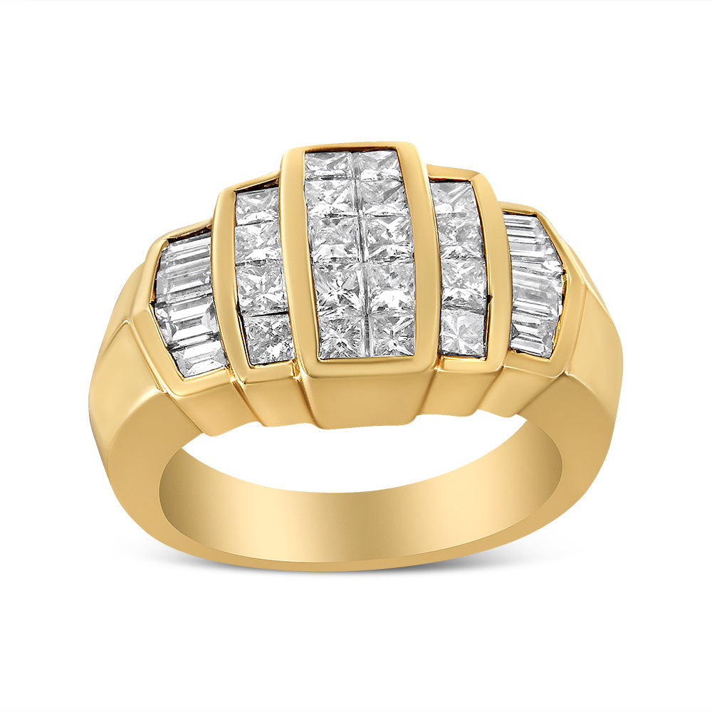 Yellow metal ring with a wide band, featuring rows of white gemstones in rectangular and square shapes, shown from a front angle on a white background.