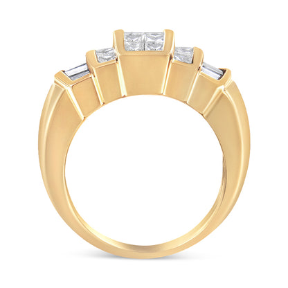 Front view of a yellow metal ring with white gemstones in a combination of baguette and princess shapes, set along the top in channel and invisible settings.