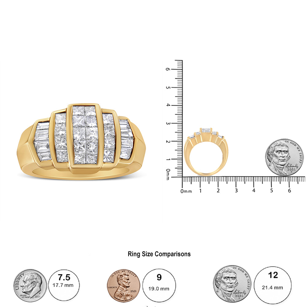 Yellow ring with three vertical sections of white gemstones; center section with princess-shaped stones in an invisible setting, side sections with baguette-shaped stones in a channel setting, shown from front and side angles on a scale.