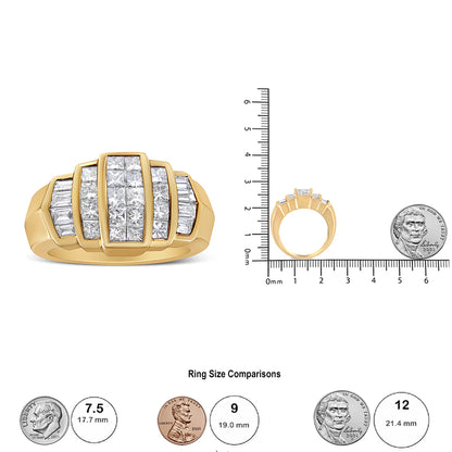 Yellow ring with three vertical sections of white gemstones; center section with princess-shaped stones in an invisible setting, side sections with baguette-shaped stones in a channel setting, shown from front and side angles on a scale.