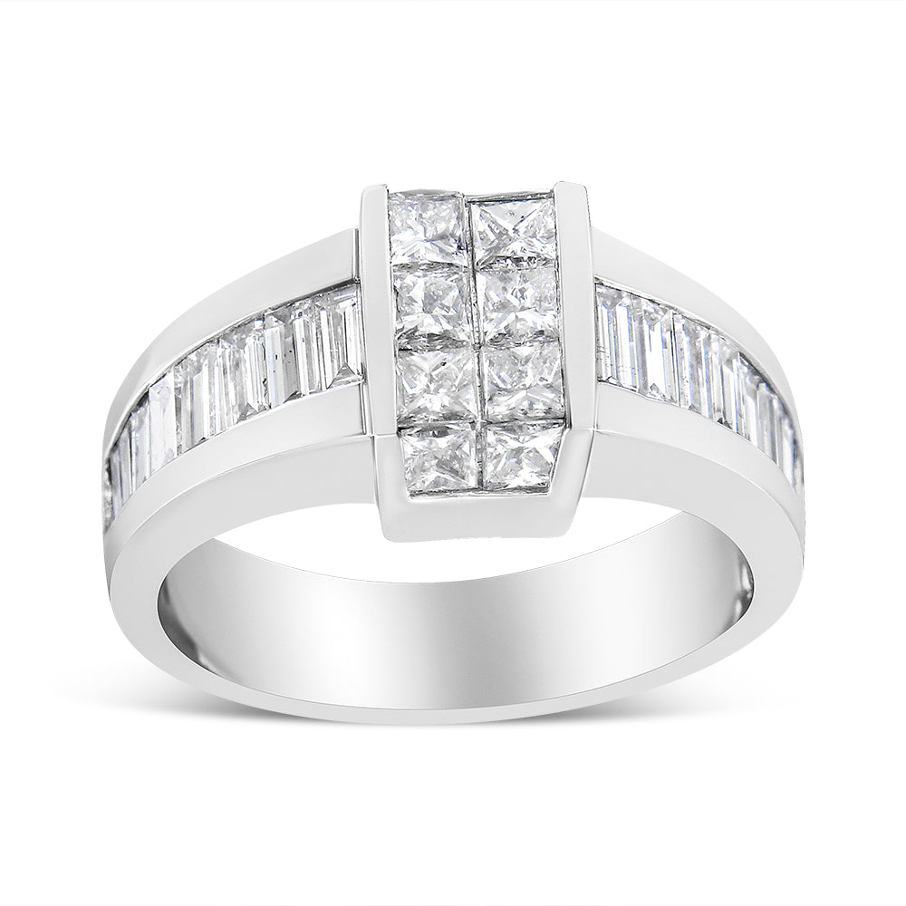 Front angle view of a white metal ring featuring rows of white baguette-shaped gemstones in channel settings on the band and clusters of white princess-shaped gemstones in invisible settings on the top.