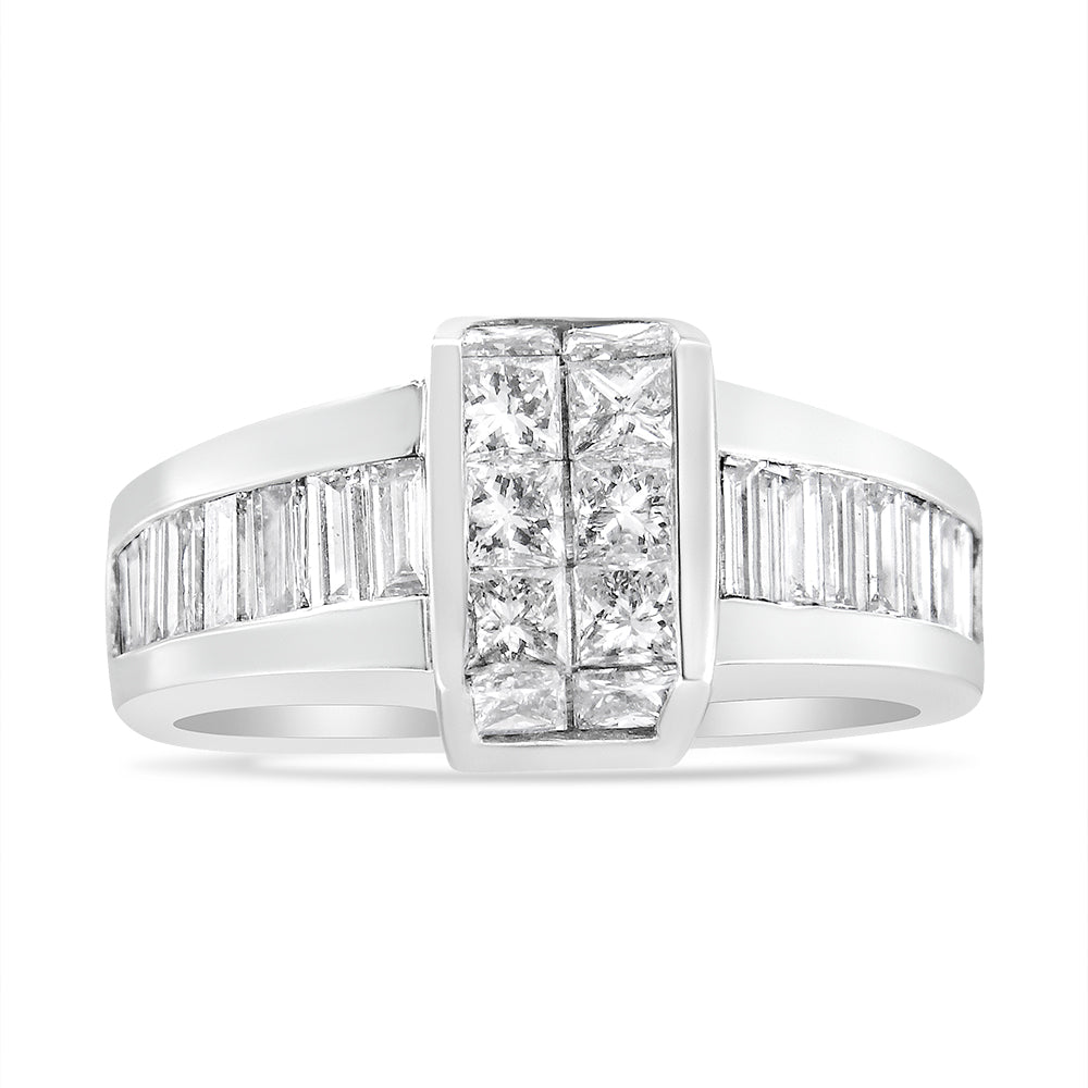 Front view of a white metal ring featuring white gemstones in baguette shape with channel setting along the band and white gemstones in princess shape with invisible setting on a raised central panel.