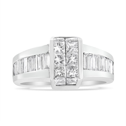 Front view of a white metal ring featuring white gemstones in baguette shape with channel setting along the band and white gemstones in princess shape with invisible setting on a raised central panel.
