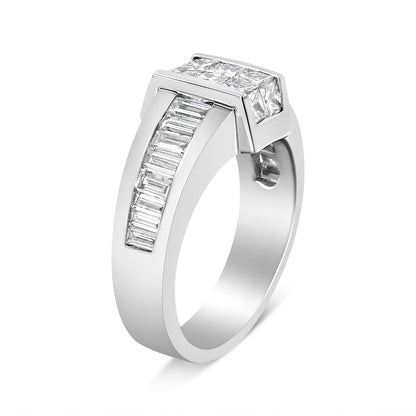 White metal ring viewed at an angled close-up, featuring channel set baguette-shaped white gemstones along the band and an elevated section with invisibly set princess-shaped white gemstones.