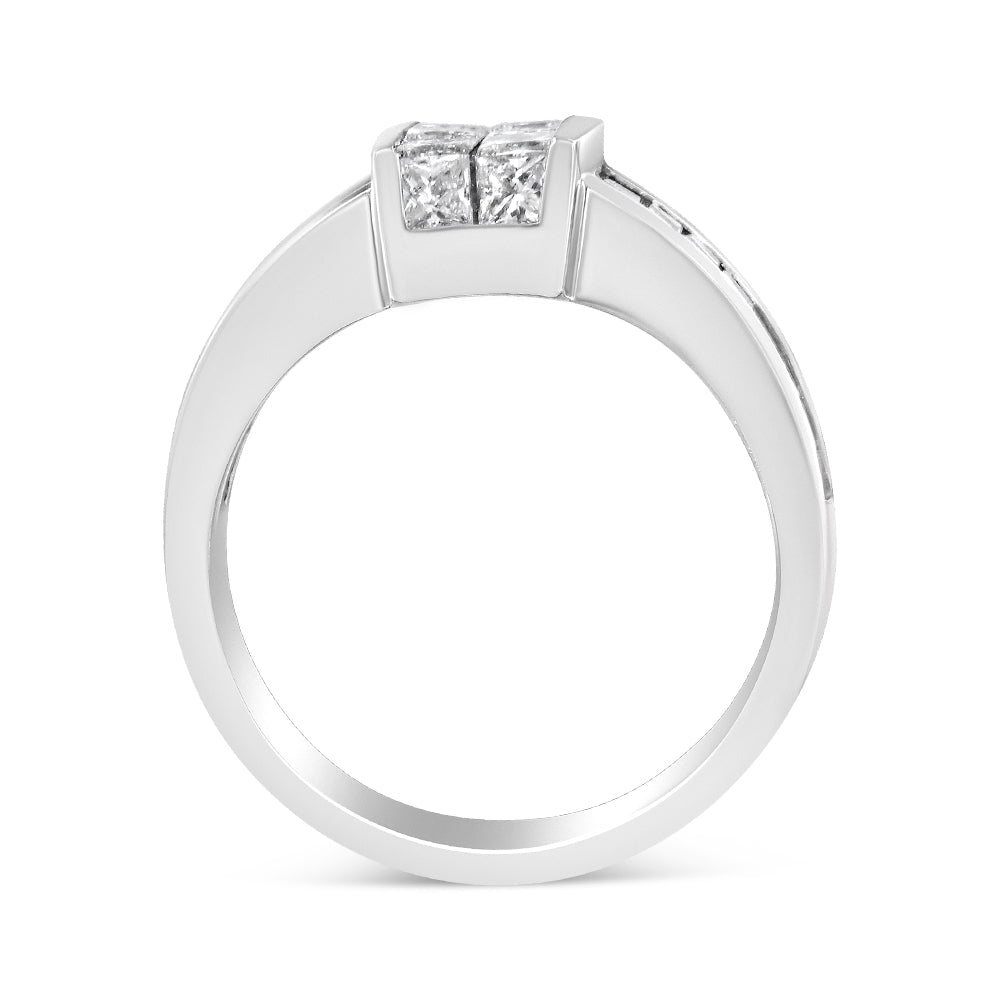 White metal ring shown from the front angle with two princess shape white gemstones set invisibly on top.