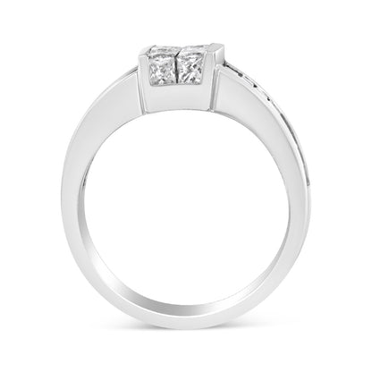 White metal ring shown from the front angle with two princess shape white gemstones set invisibly on top.
