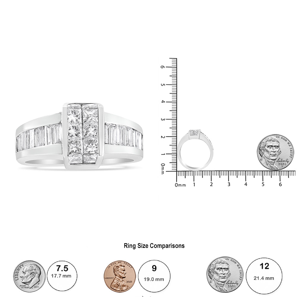 White metal ring with baguette and princess shaped white gemstones, shown from front and side angles with a ruler and coin for size reference.