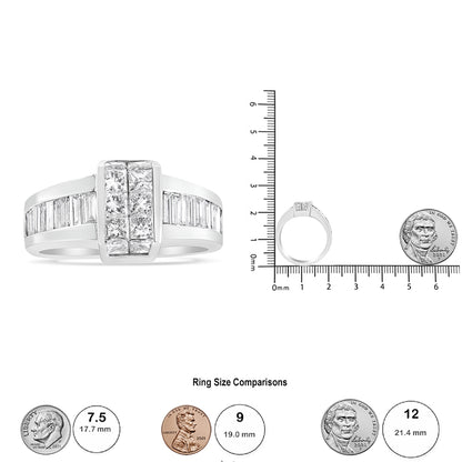 White metal ring with baguette and princess shaped white gemstones, shown from front and side angles with a ruler and coin for size reference.