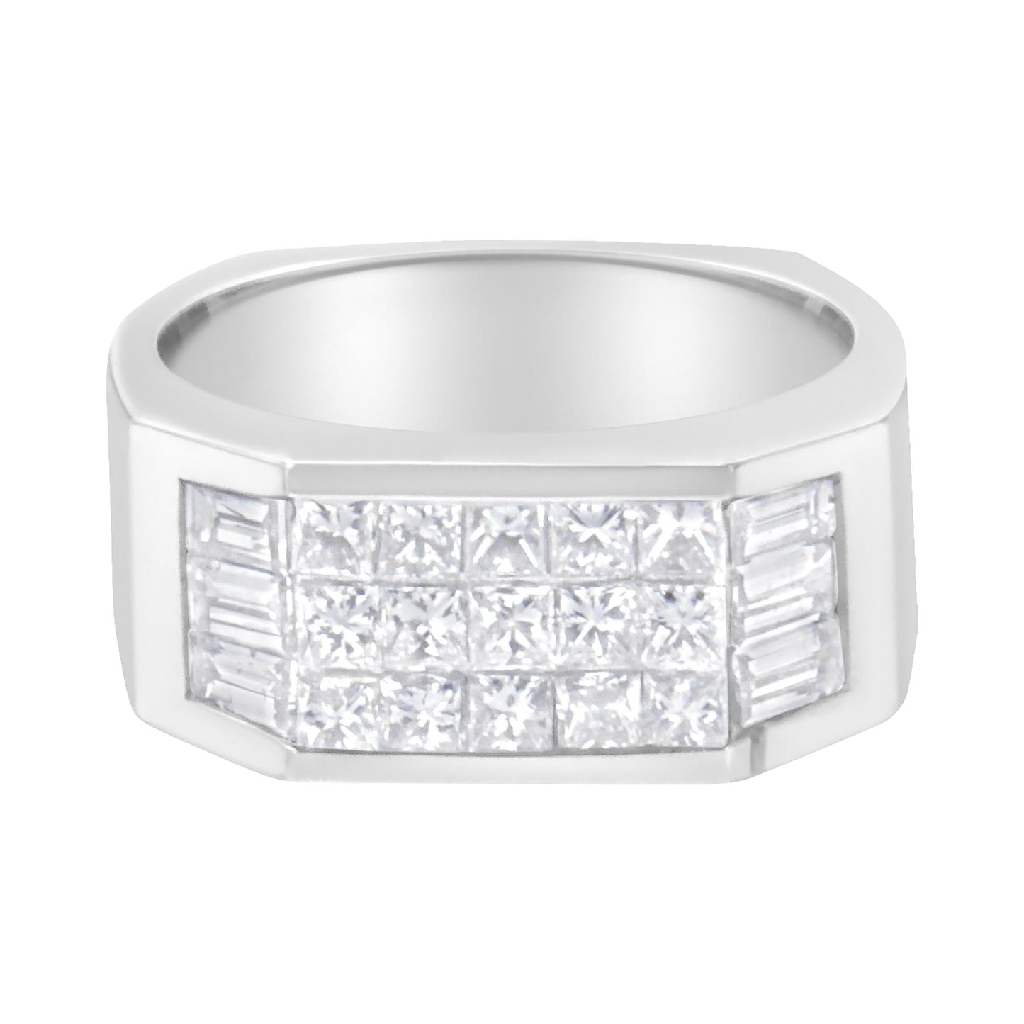 Front-facing shot of a white metal ring with a wide rectangular top featuring rows of white square gemstones in an invisible setting in the center, flanked by vertical rectangular white gemstones in a channel setting on each side.