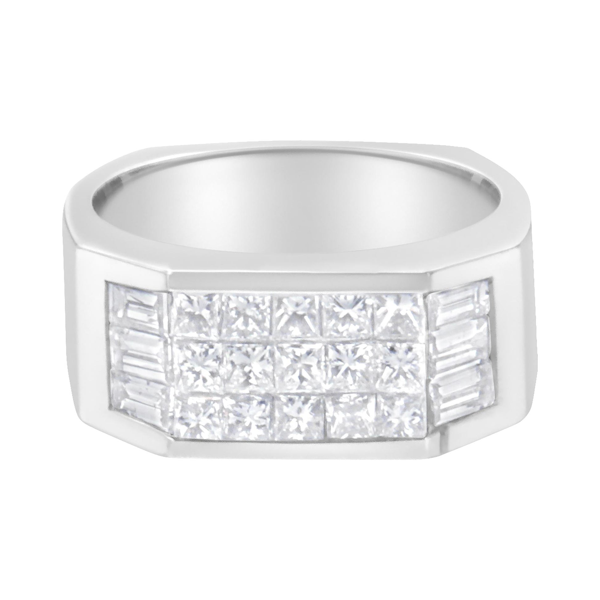 Front-facing shot of a white metal ring with a wide rectangular top featuring rows of white square gemstones in an invisible setting in the center, flanked by vertical rectangular white gemstones in a channel setting on each side.