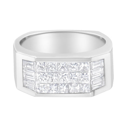 Front-facing shot of a white metal ring with a wide rectangular top featuring rows of white square gemstones in an invisible setting in the center, flanked by vertical rectangular white gemstones in a channel setting on each side.