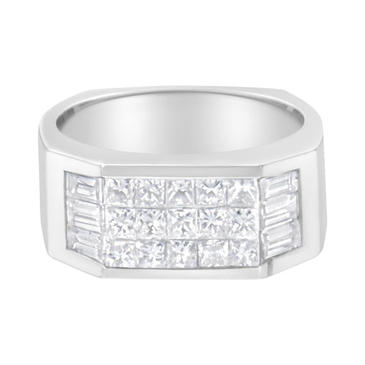 Front-facing shot of a white metal ring with a wide rectangular top featuring rows of white square gemstones in an invisible setting in the center, flanked by vertical rectangular white gemstones in a channel setting on each side.