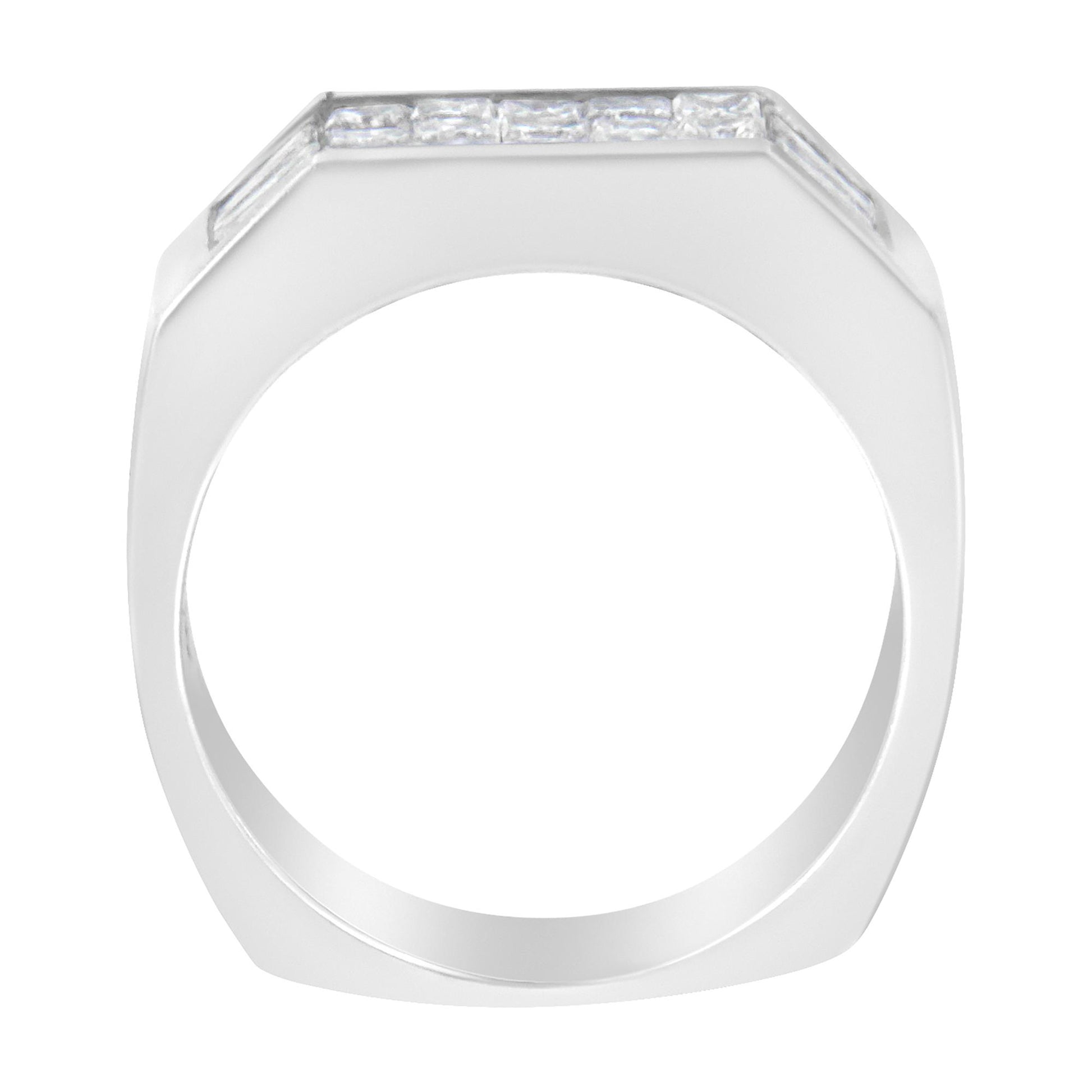 Top-down view of a white metal ring featuring white baguette-shaped gemstones in a channel setting along the top edge.