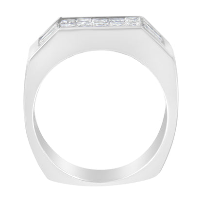 Top-down view of a white metal ring featuring white baguette-shaped gemstones in a channel setting along the top edge.