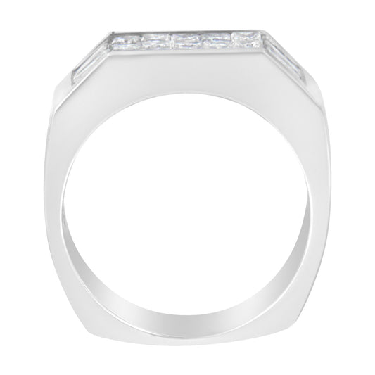 Top-down view of a white metal ring featuring white baguette-shaped gemstones in a channel setting along the top edge.