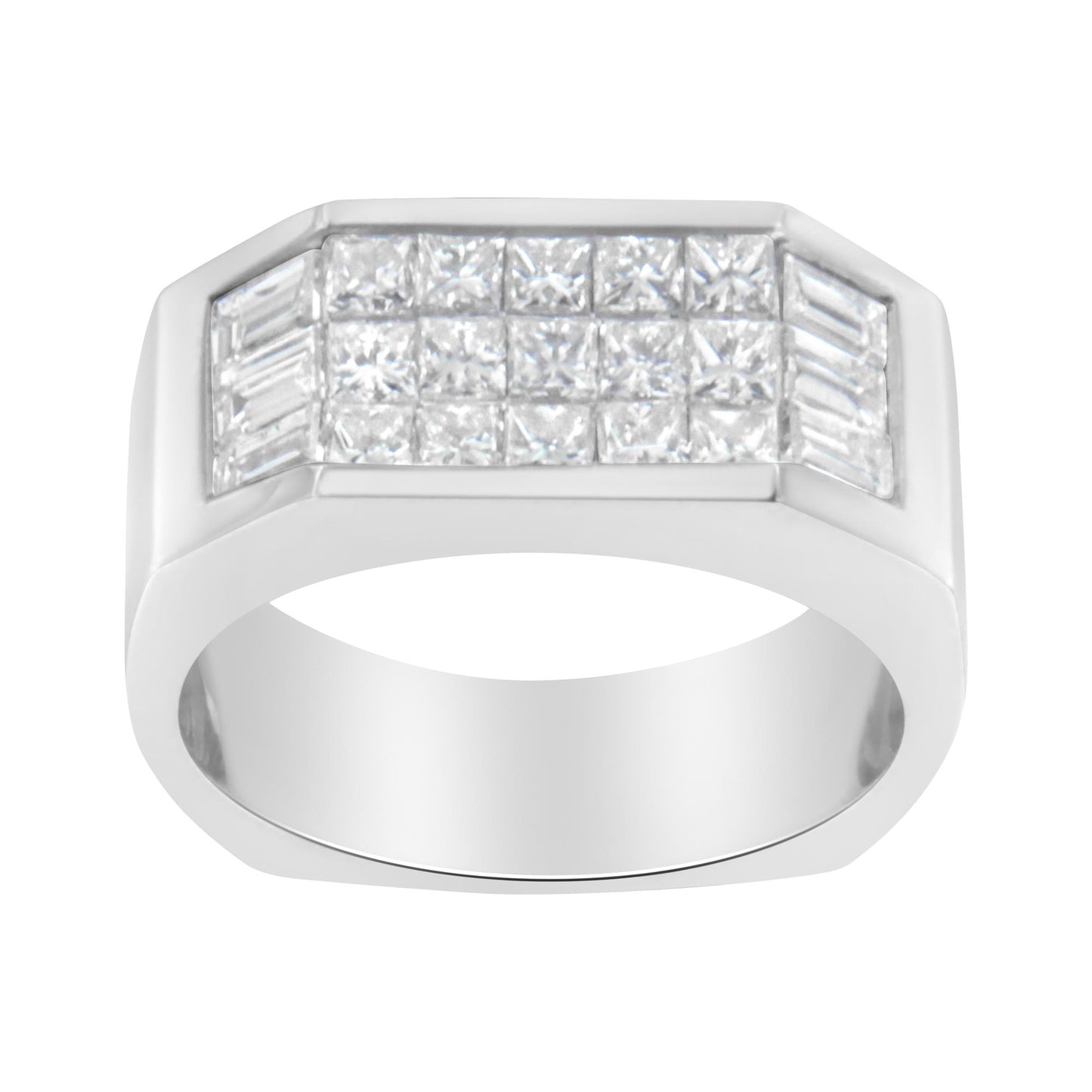 Front view of a white metal ring featuring a rectangular top with channel set baguette-shaped white gemstones on the sides and invisible set princess-shaped white gemstones in the center.