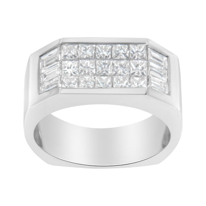 Front view of a white metal ring featuring a rectangular top with channel set baguette-shaped white gemstones on the sides and invisible set princess-shaped white gemstones in the center.