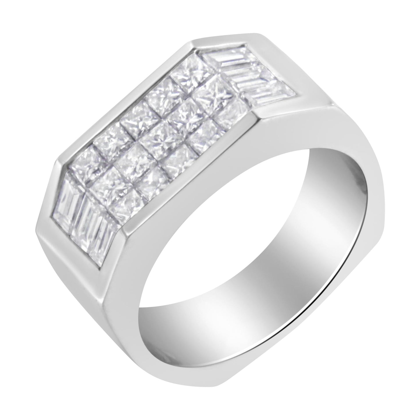 White metal ring with rectangular top featuring channel-set baguette-shaped white gemstones on edges and invisibly-set princess-shaped white gemstones in the center, shown at a slight angle.