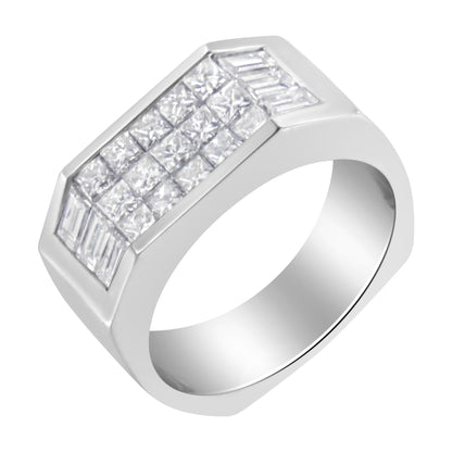 White metal ring with rectangular top featuring channel-set baguette-shaped white gemstones on edges and invisibly-set princess-shaped white gemstones in the center, shown at a slight angle.