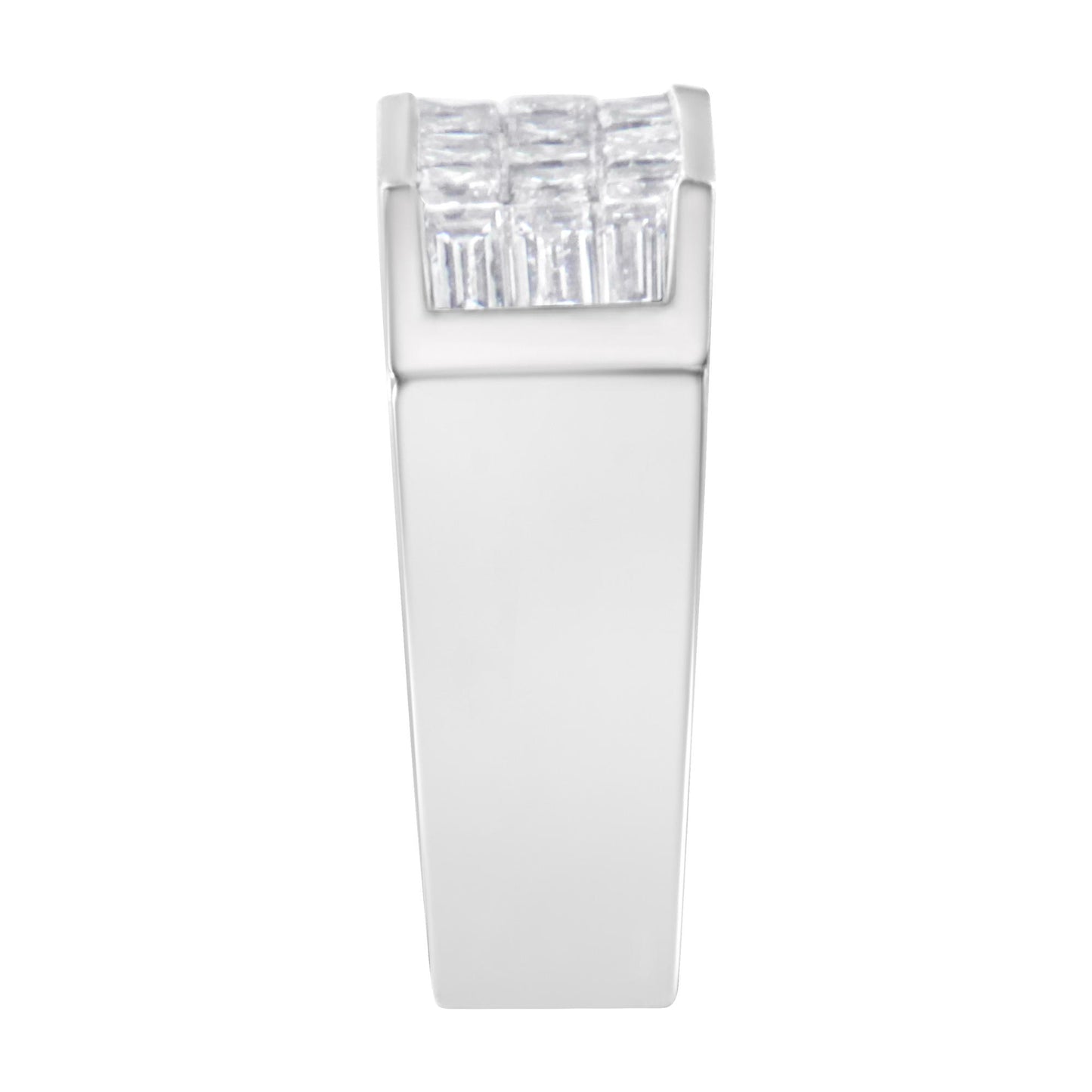 Front view of a white metal ring with a flat wide band featuring a top row of white baguette-shaped gemstones in channel setting and a cluster of white princess-shaped gemstones in invisible setting.