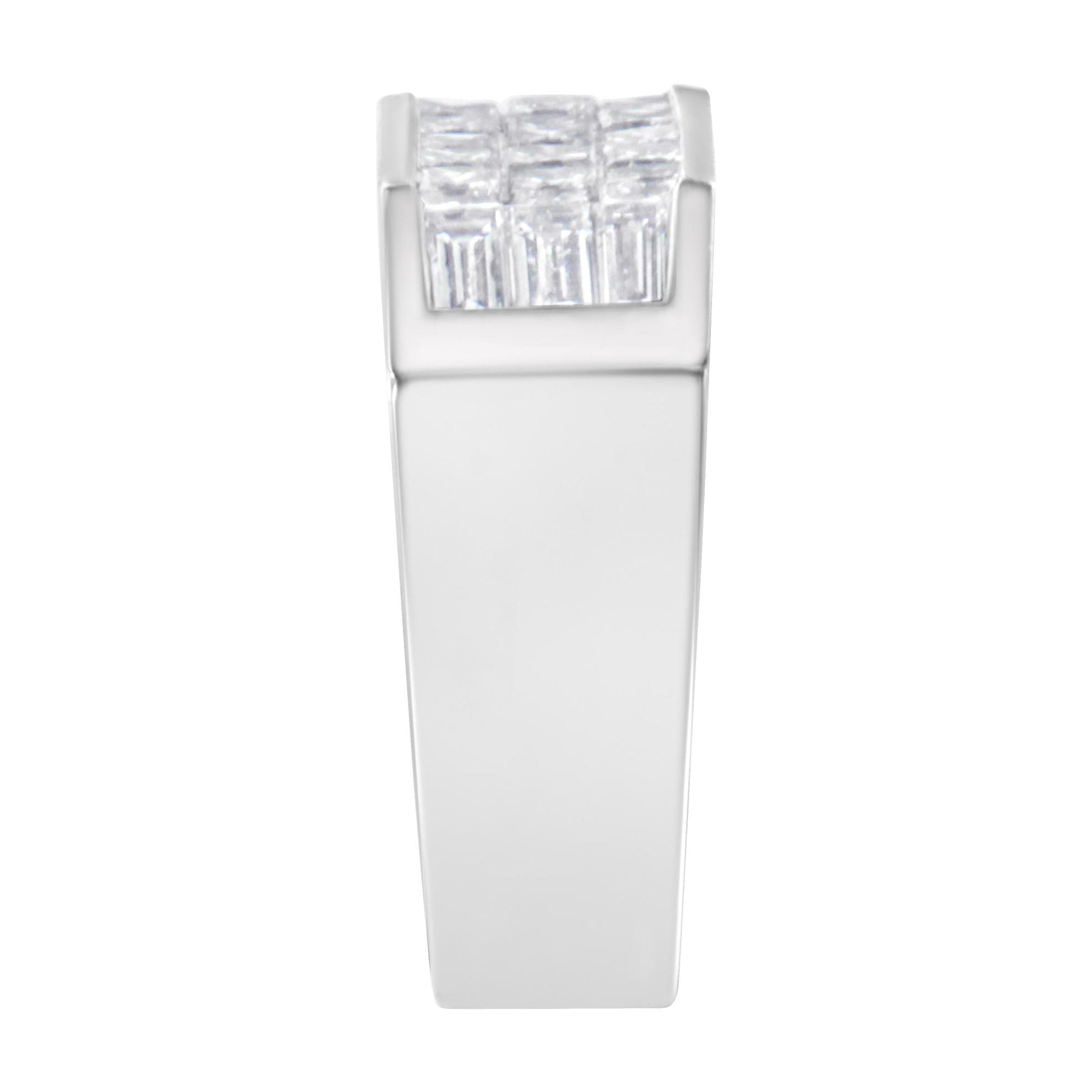 Front view of a white metal ring with a flat wide band featuring a top row of white baguette-shaped gemstones in channel setting and a cluster of white princess-shaped gemstones in invisible setting.