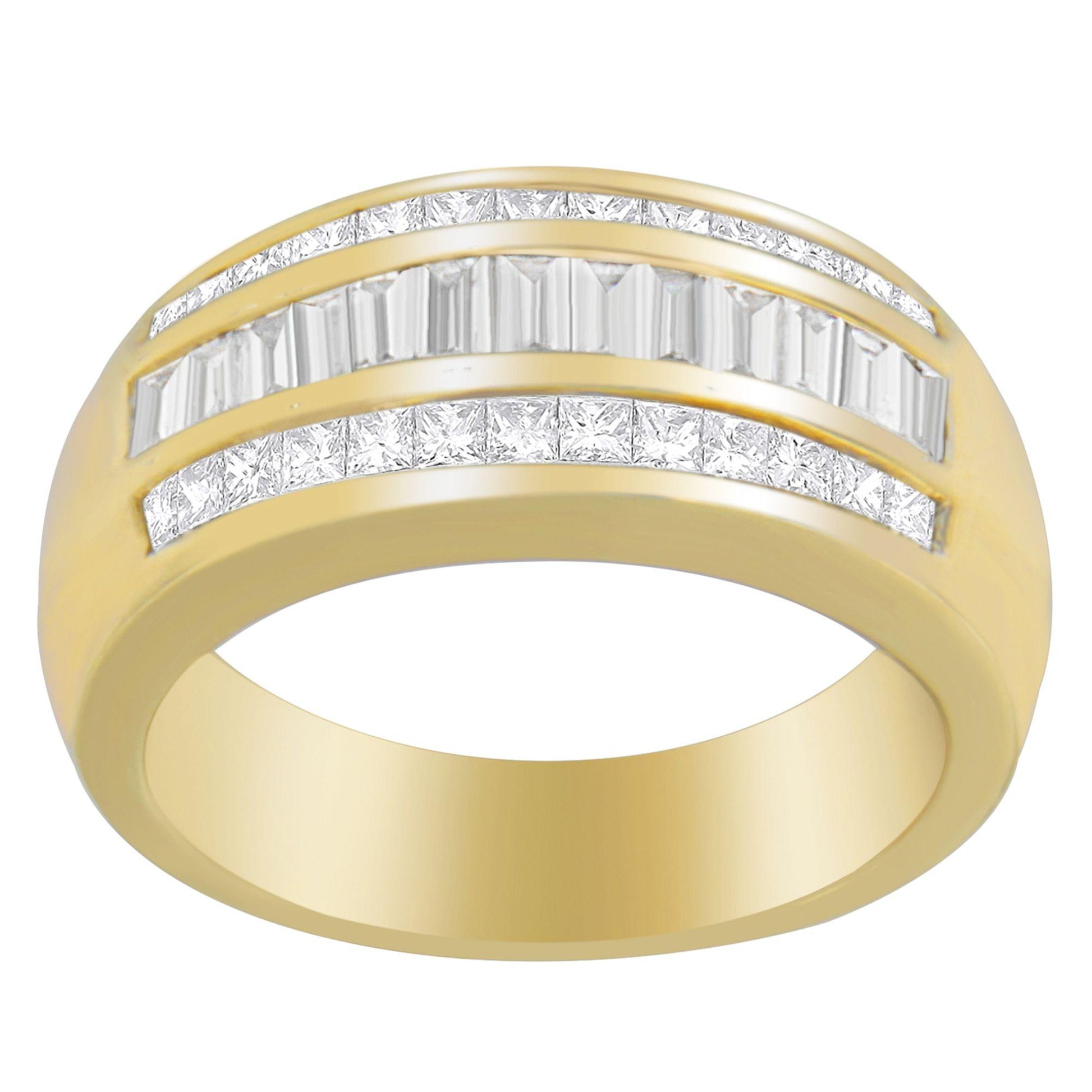 Front-facing view of a yellow ring featuring two rows of channel-set white princess shape gemstones and one row of channel-set white baguette shape gemstones in the center.