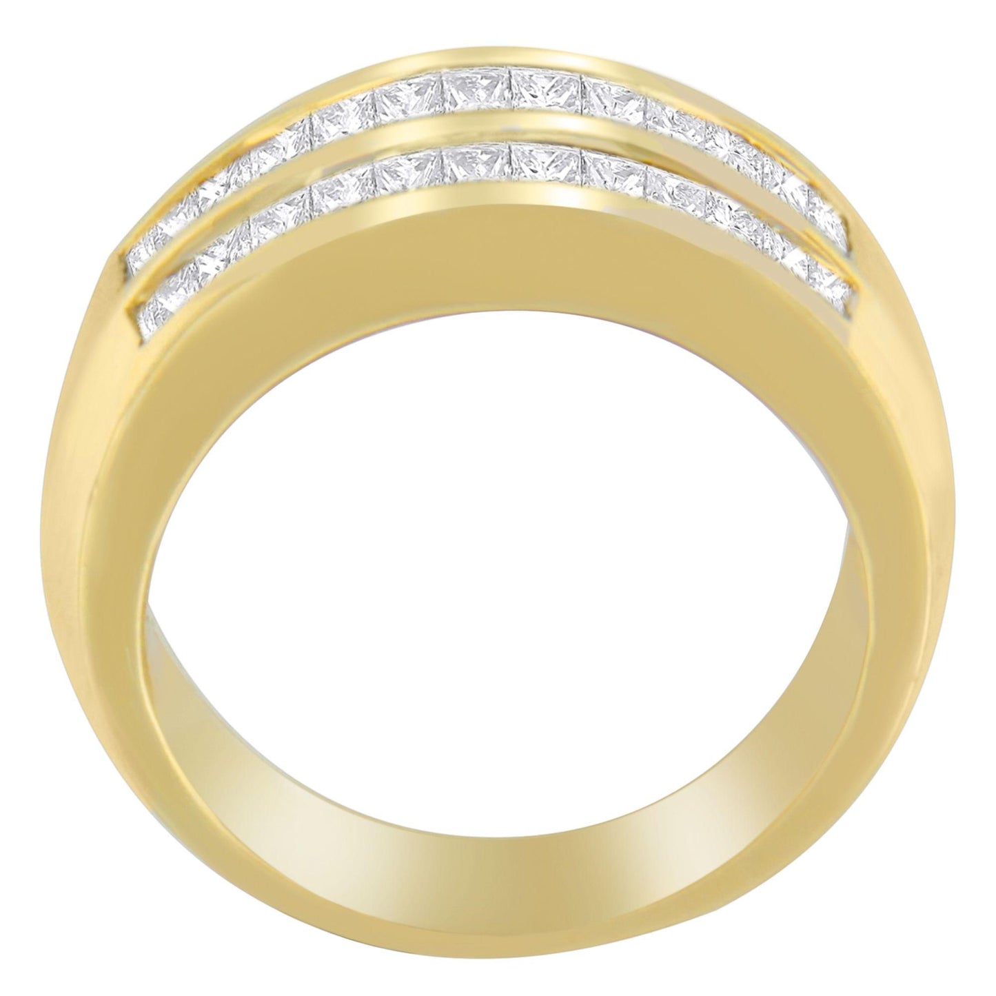 Front angled shot of a yellow ring with two rows of channel-set white gemstones in princess and baguette shapes.