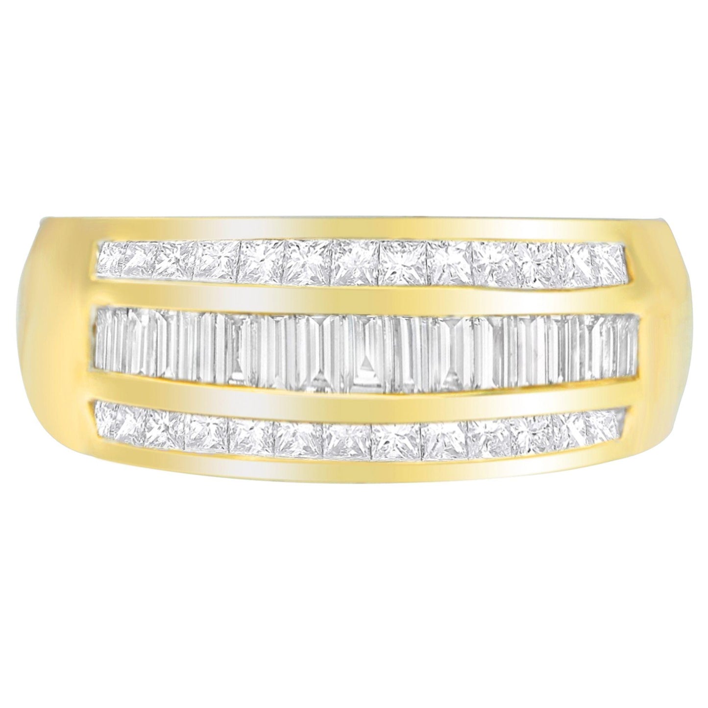 Front-facing shot of a yellow metal ring featuring three horizontal rows of channel-set white gemstones, with princess shape stones on the top and bottom rows and baguette shape stones in the center row.