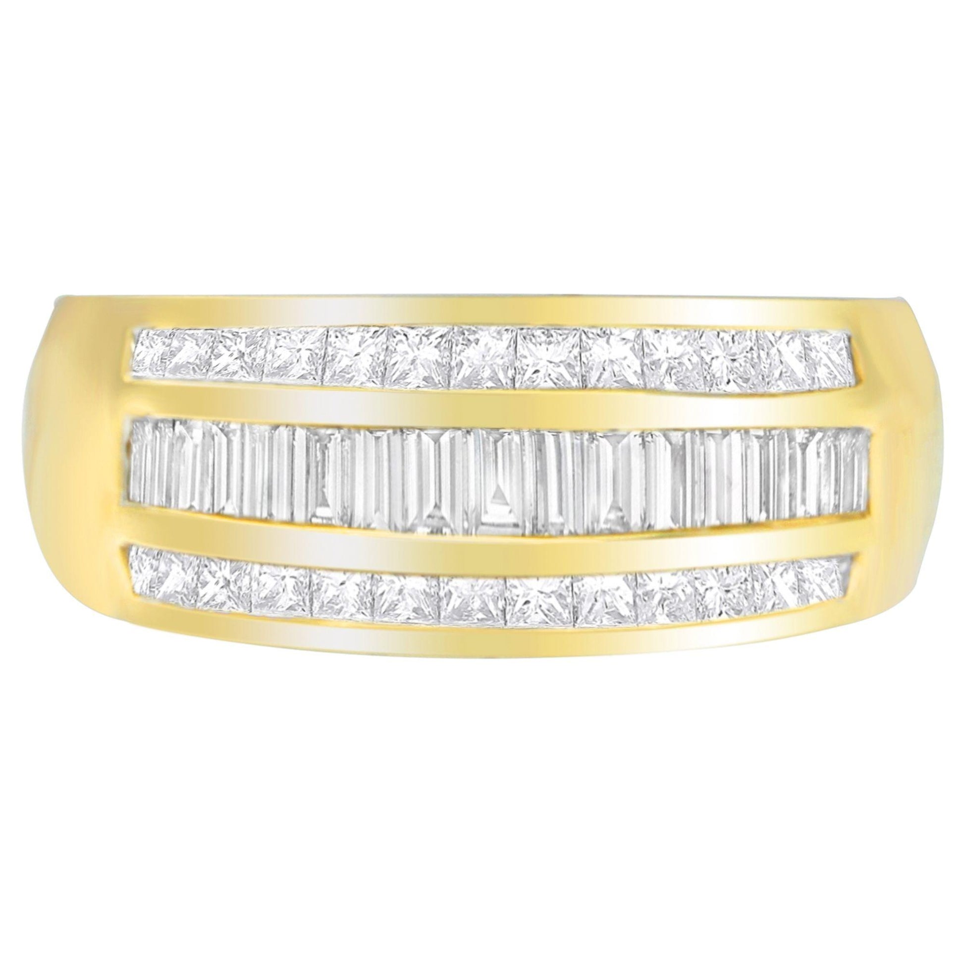 Front-facing shot of a yellow metal ring featuring three horizontal rows of channel-set white gemstones, with princess shape stones on the top and bottom rows and baguette shape stones in the center row.