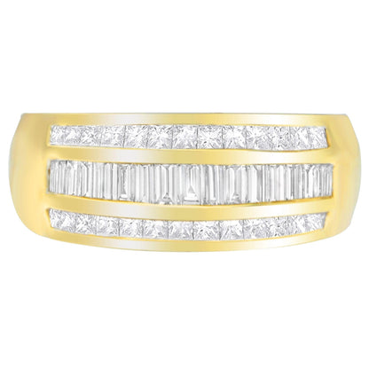 Front-facing shot of a yellow metal ring featuring three horizontal rows of channel-set white gemstones, with princess shape stones on the top and bottom rows and baguette shape stones in the center row.
