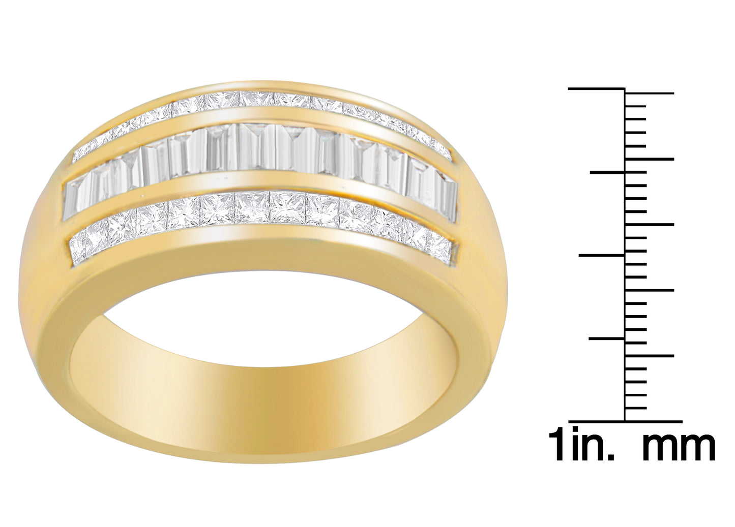 Front angled view of a yellow metal ring set with two rows of channel-set white gemstones in princess and baguette shapes, shown beside a scale for size reference.