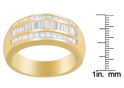 Front angled view of a yellow metal ring set with two rows of channel-set white gemstones in princess and baguette shapes, shown beside a scale for size reference.