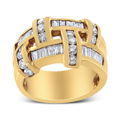 Front angled view of a yellow ring with interwoven bands set with white round and baguette gemstones in channel settings.