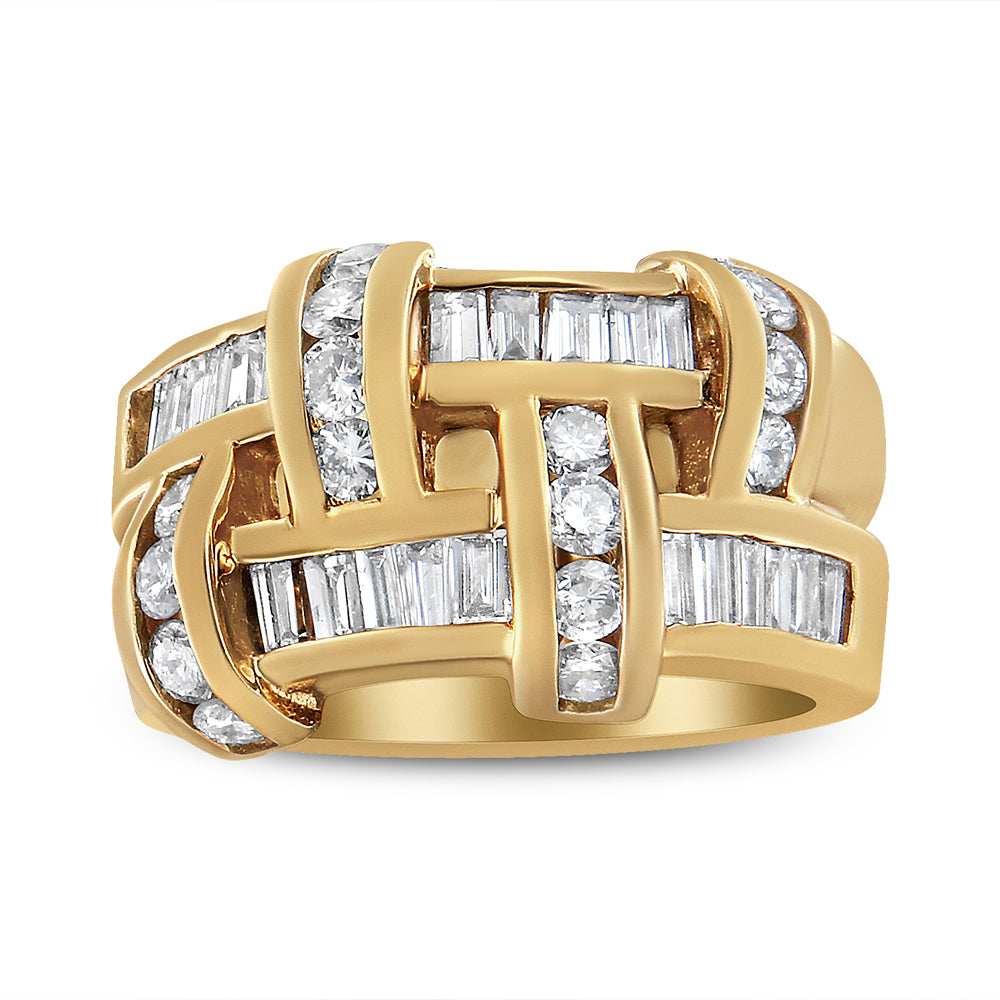Front angle view of a yellow metal ring with interwoven bands featuring white round and baguette-shaped gemstones in channel settings.