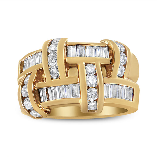 Front angle view of a yellow metal ring with interwoven bands featuring white round and baguette-shaped gemstones in channel settings.