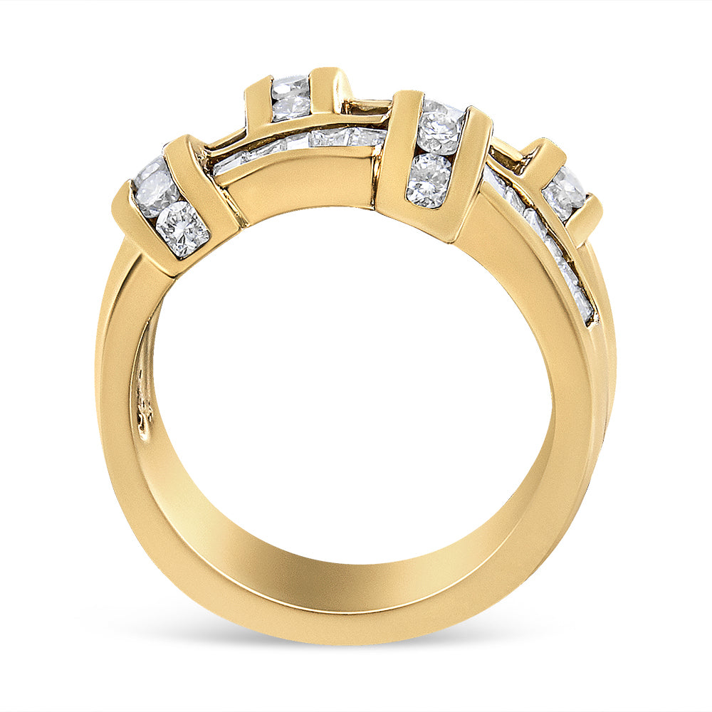 Yellow metal ring with channel-set white round and baguette gemstones, shown from a front angle.