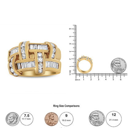 Yellow ring with an interwoven design featuring round and baguette white gemstones in channel settings, shown from a front angle and a side angle next to a ruler and coin for size reference.