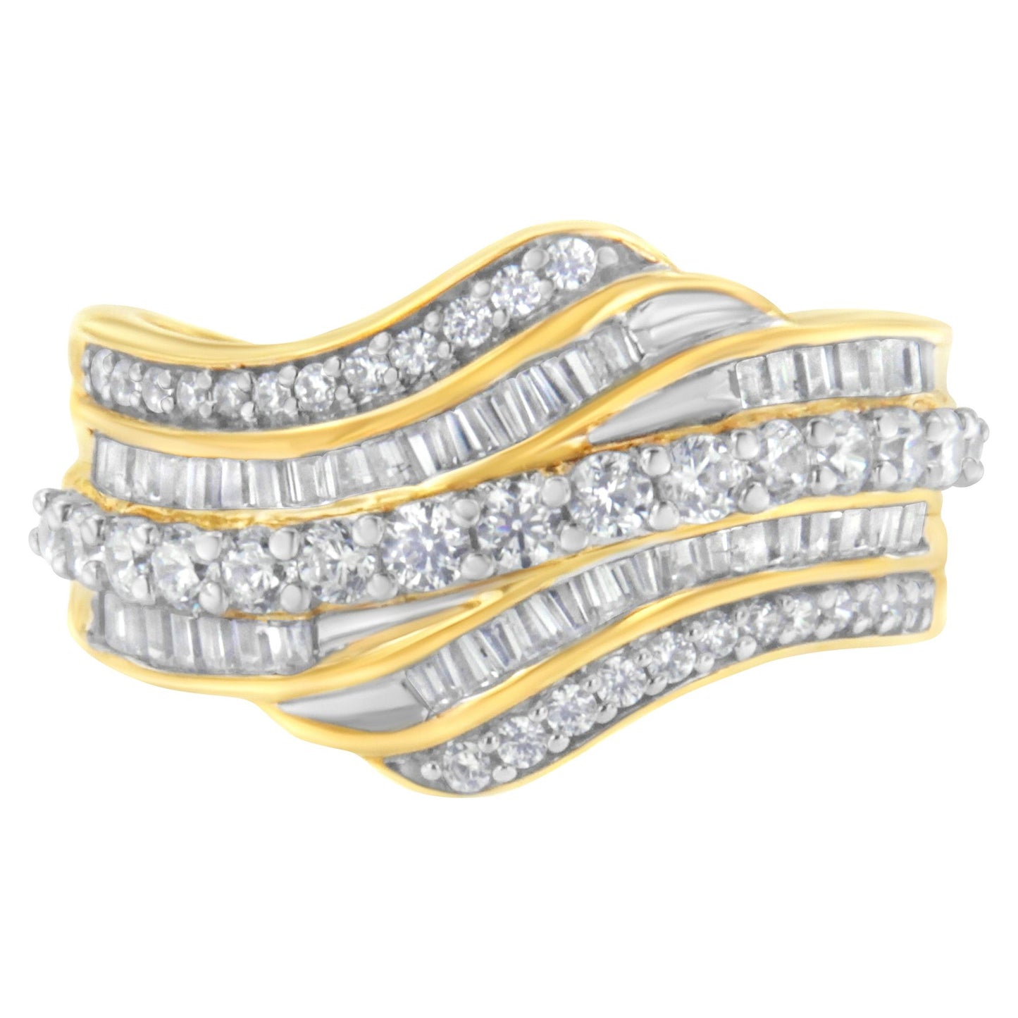 Close-up front view of a yellow metal ring featuring wavy rows of white round gemstones in prong settings and white baguette gemstones in channel settings.