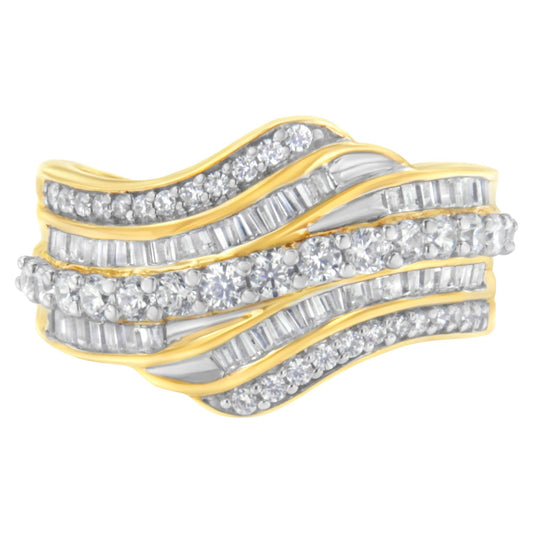 Close-up front view of a yellow metal ring featuring wavy rows of white round gemstones in prong settings and white baguette gemstones in channel settings.