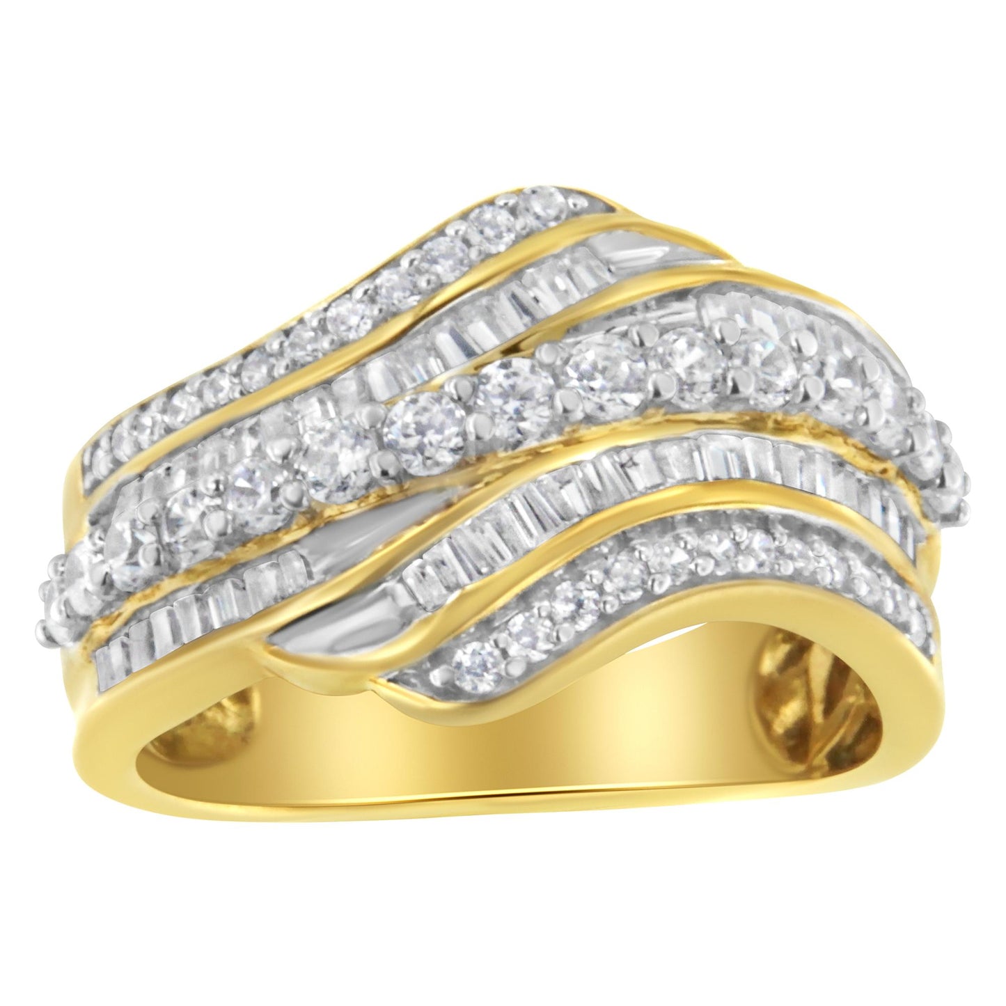 Yellow ring with alternating rows of round and baguette white gemstones, shown in a close-up side angle.