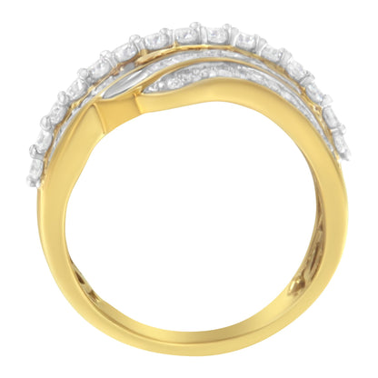 Top view of a yellow ring with white round and baguette gemstones in prong and channel settings.