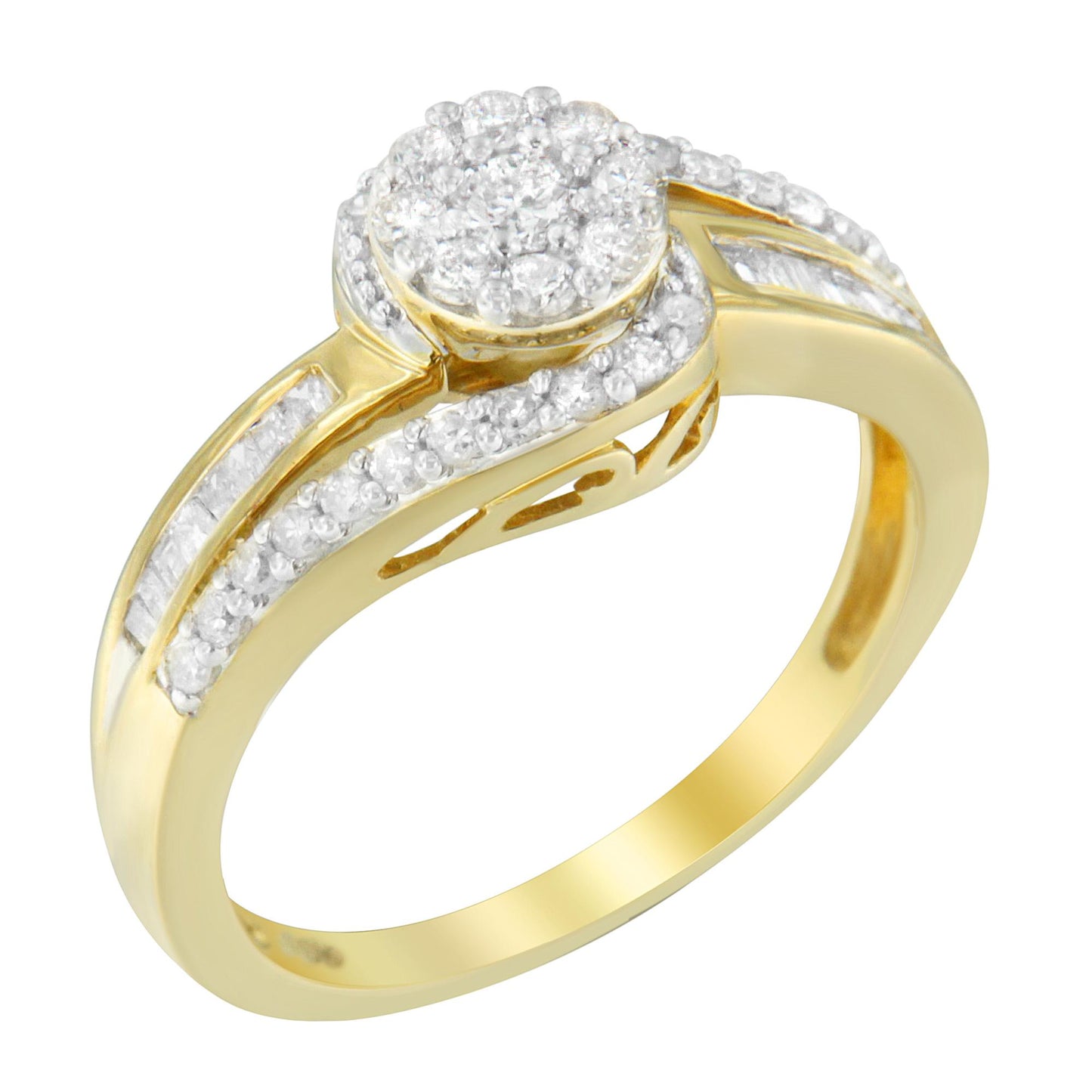 Yellow metal ring with a round cluster of white gemstones on top, surrounded by additional round and baguette white gemstones along the band, shown from a tilted angle.