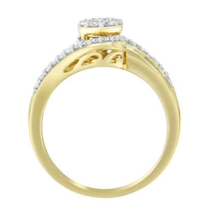Side angle of a yellow metal ring featuring round and baguette white gemstones in prong and channel settings.