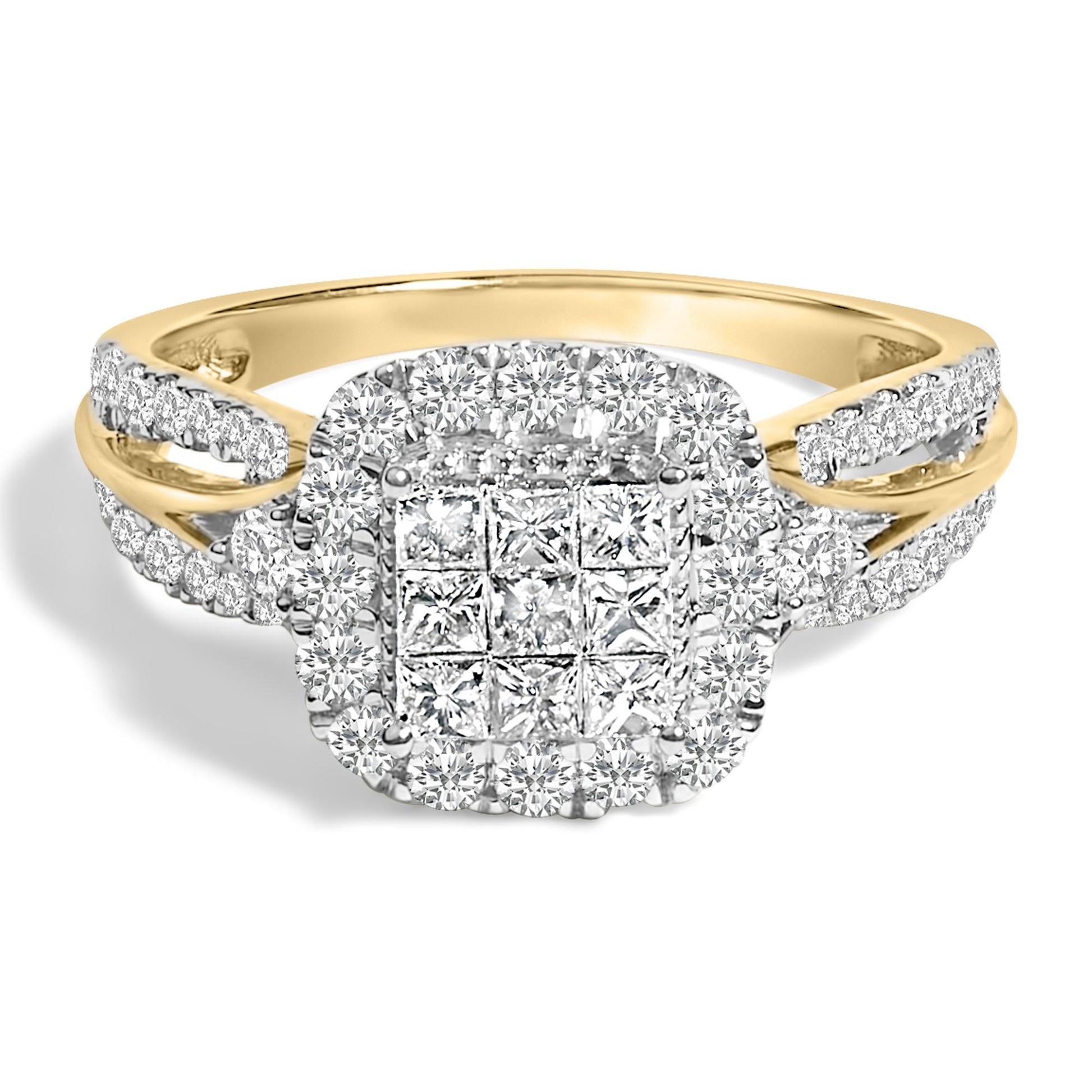 Close-up front angle of a yellow metal ring featuring a square cluster of princess-shaped white gemstones in the center, surrounded by multiple rows of round white gemstones in pave settings, with additional round white gemstones set along the split band.