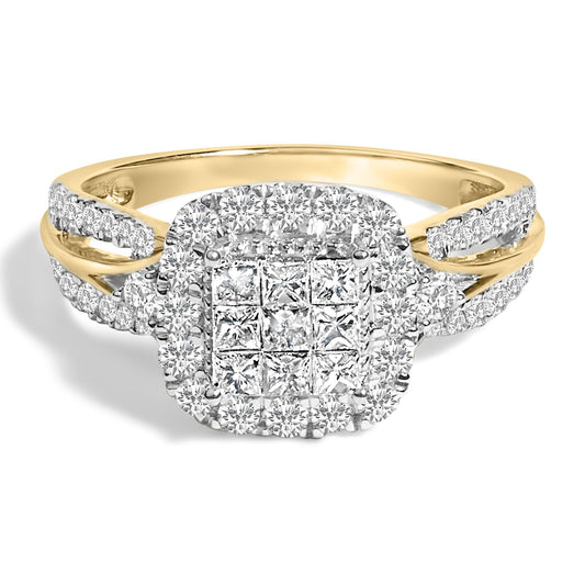 Close-up front angle of a yellow metal ring featuring a square cluster of princess-shaped white gemstones in the center, surrounded by multiple rows of round white gemstones in pave settings, with additional round white gemstones set along the split band.