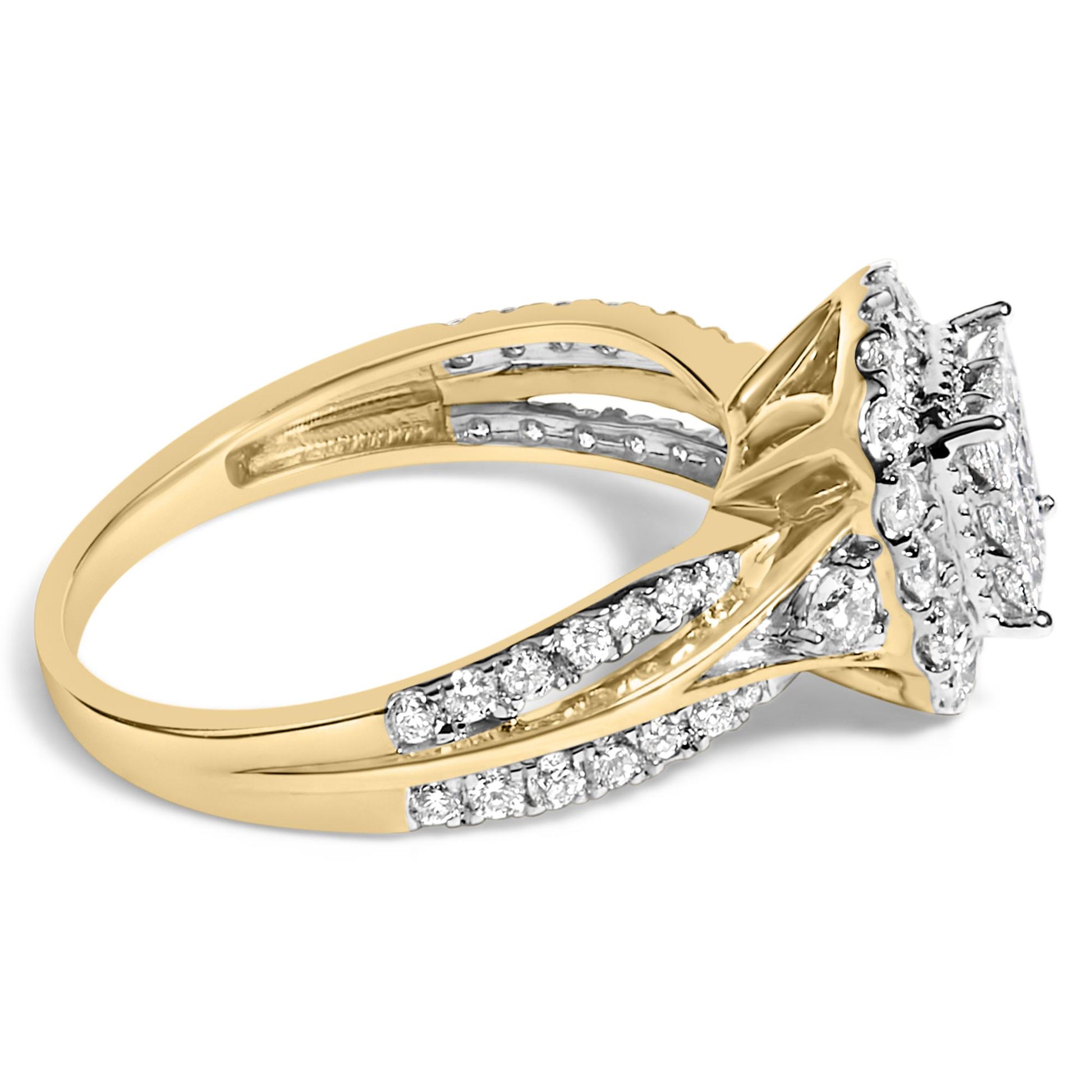 Side angled view of a yellow metal ring featuring multiple round white gemstones in pave settings along the band and a cluster of white gemstones in mixed shapes including round and princess shapes at the center.