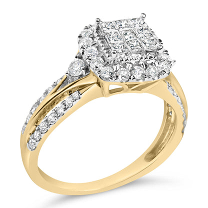 Yellow metal ring with a square cluster of princess-cut white gemstones in invisible setting, surrounded by multiple rows of round white gemstones in pave setting, shown from a side angle.