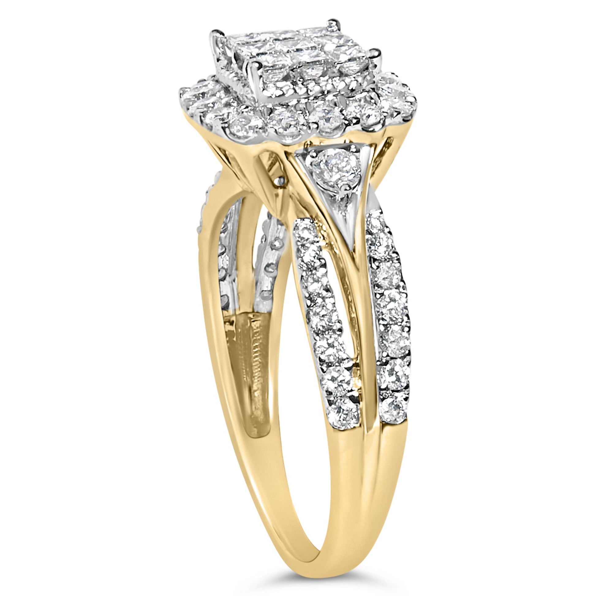 Yellow metal ring with a split shank design featuring multiple rows of round white gemstones in pave settings and a cluster of square white gemstones in invisible settings on top, shown in a side-angle view.